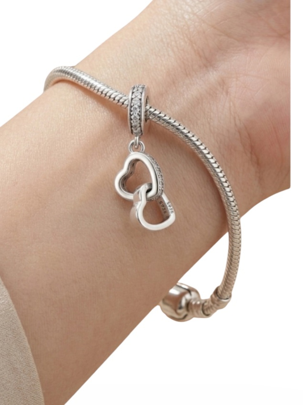 S925 Sterling Silver Interlocking Double Hearts Dangle Charm Clear CZ NIB